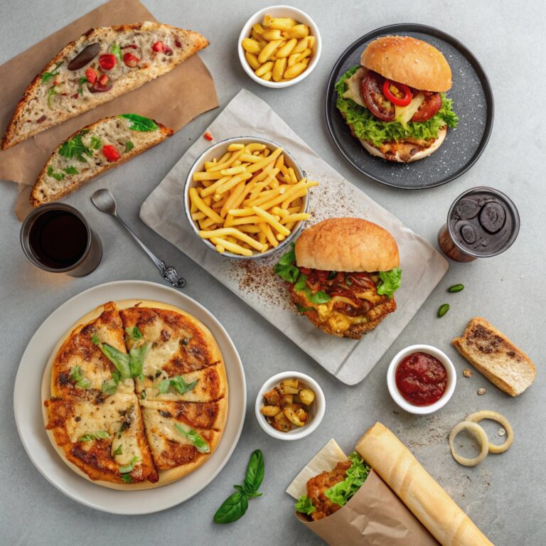 create an image with pizzas burgers penne pastas (2)